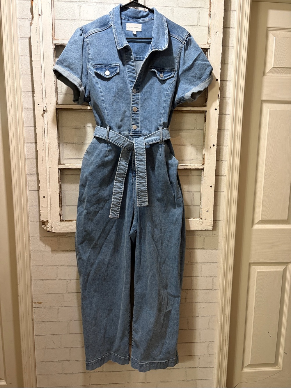 Dear John Denim Short Sleeve Belted Jumpsuit Size XL Blue